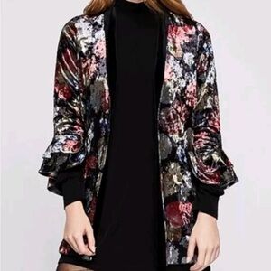 BCBGeneration Floral Velvet Shawl Open Cardigan Ruffle Bell Sleeves Small Boho